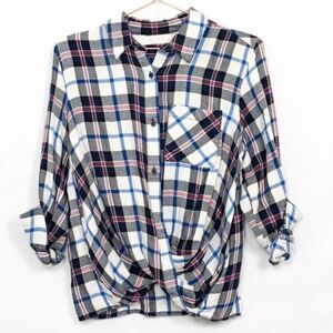 Statement Plaid Knot Wrap Hem Button Down Top New Condition XS Blue white maroon
